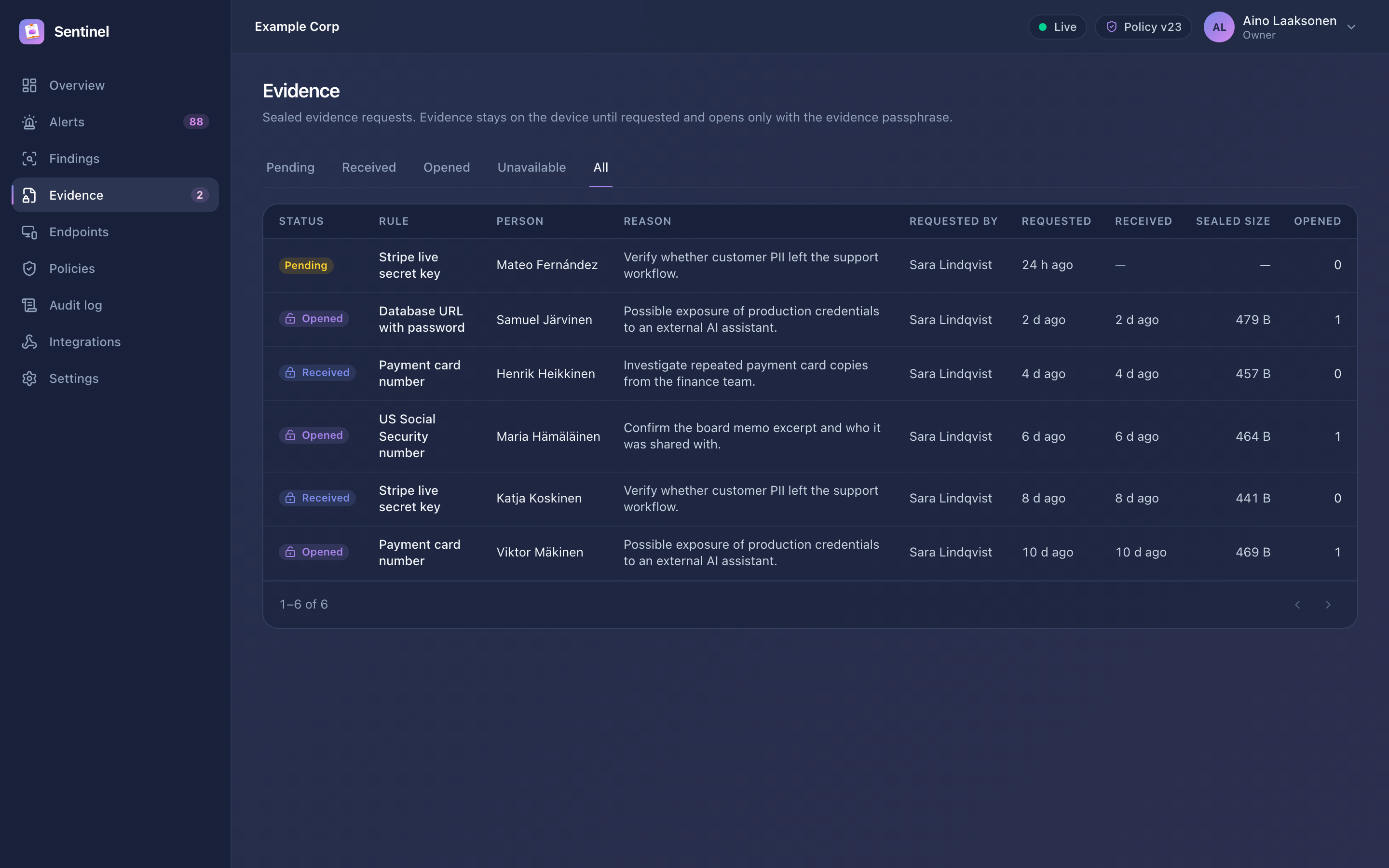 Evidence requests